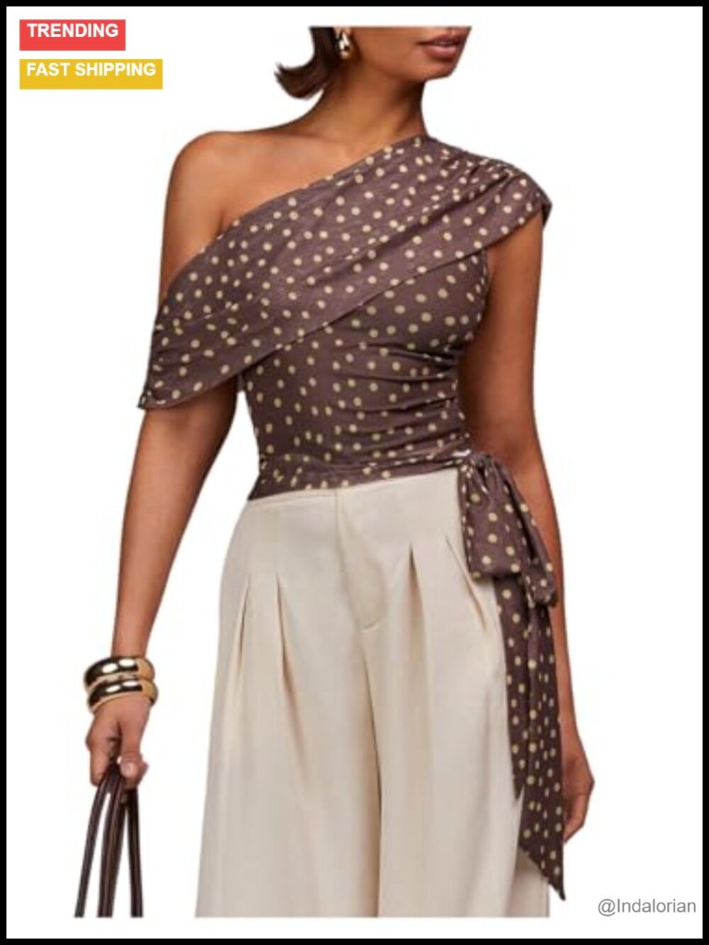 One Shoulder Mesh Polka Dot Top Ruched Sleeveless Slim Fit
